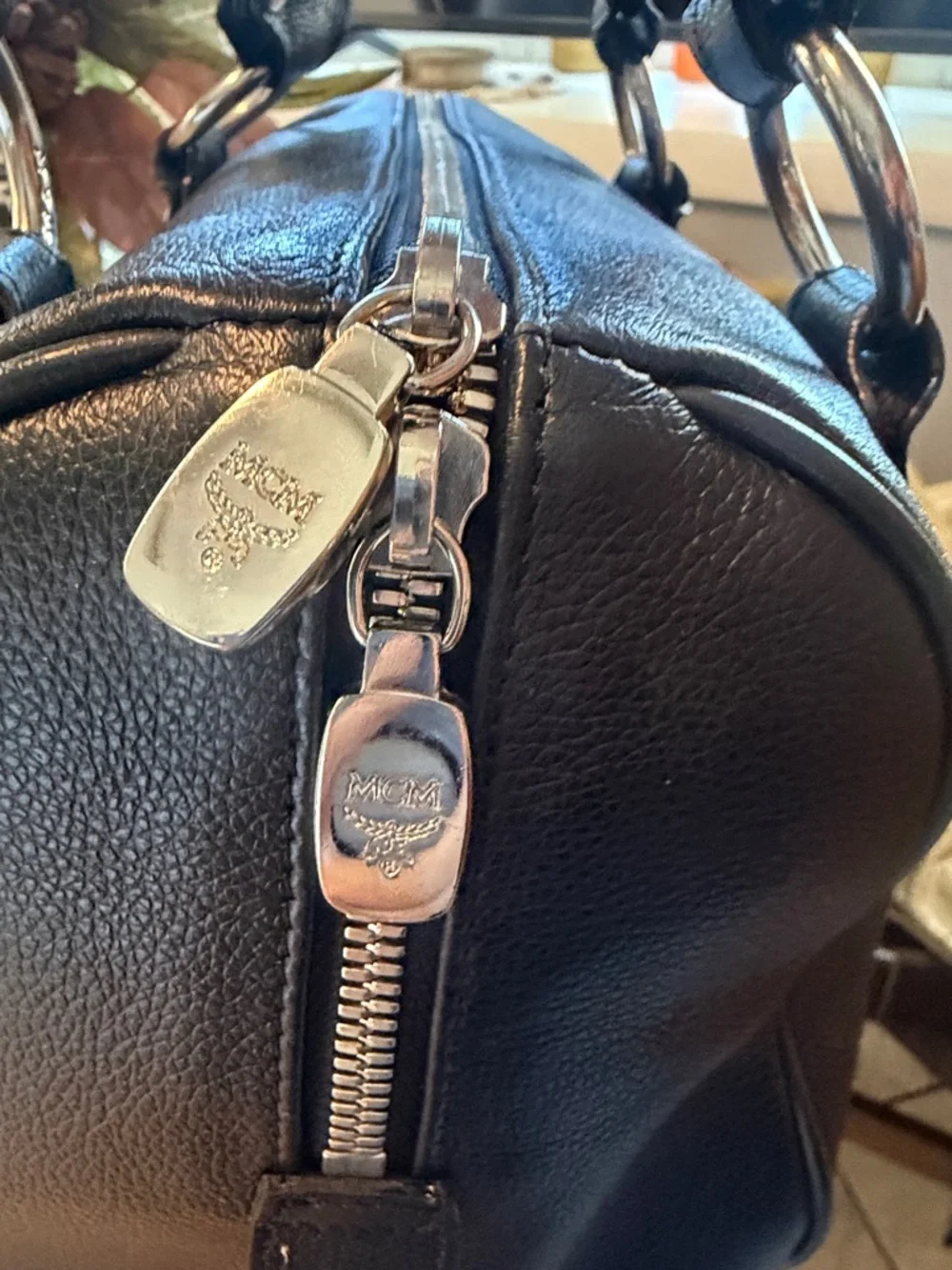 MCM Black Leather Boston Satchel with Silver Hardware